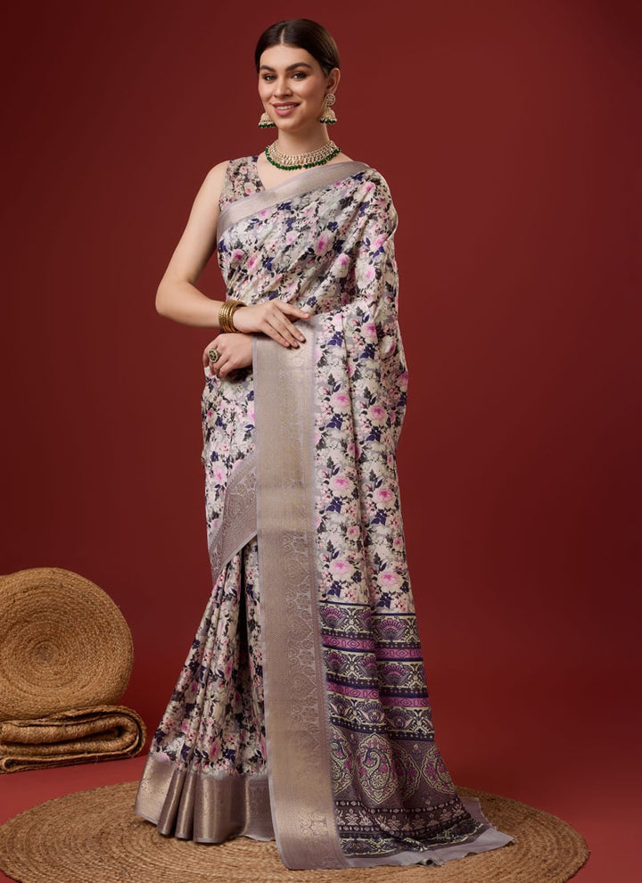 lassya Fashion White-Lavender Festive Wear Cotton Digital Saree