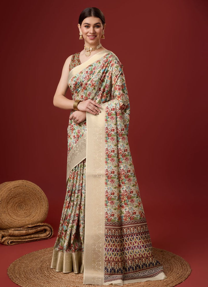 lassya Fashion Beige Festive Wear Cotton Digital Saree