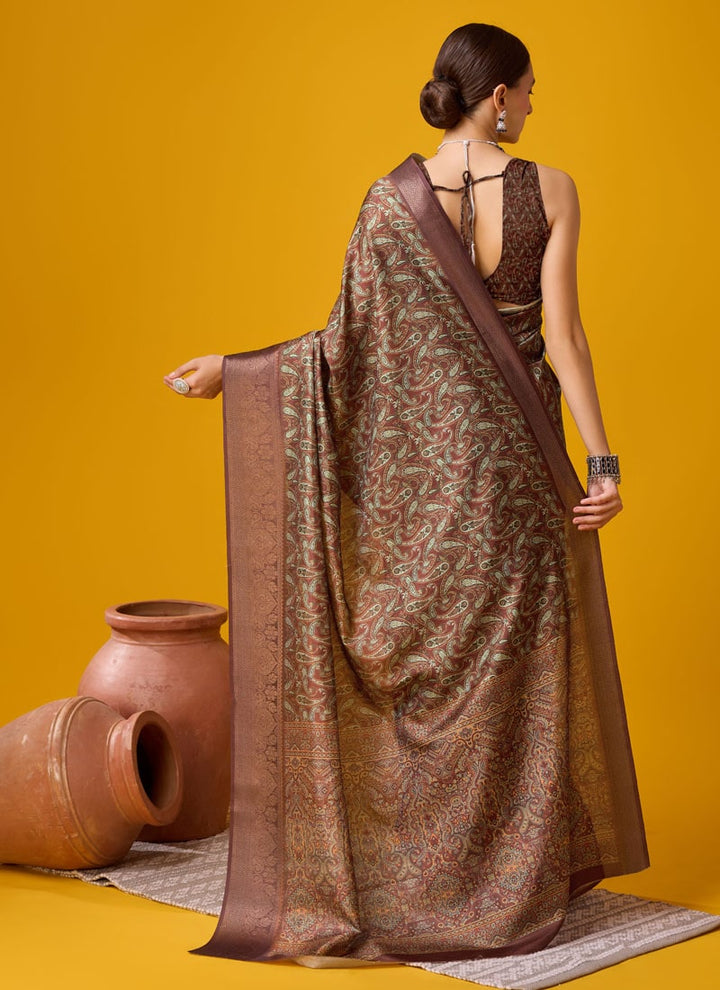 lassya Fashion Coffee Brown Festive Wear Cotton Digital Saree