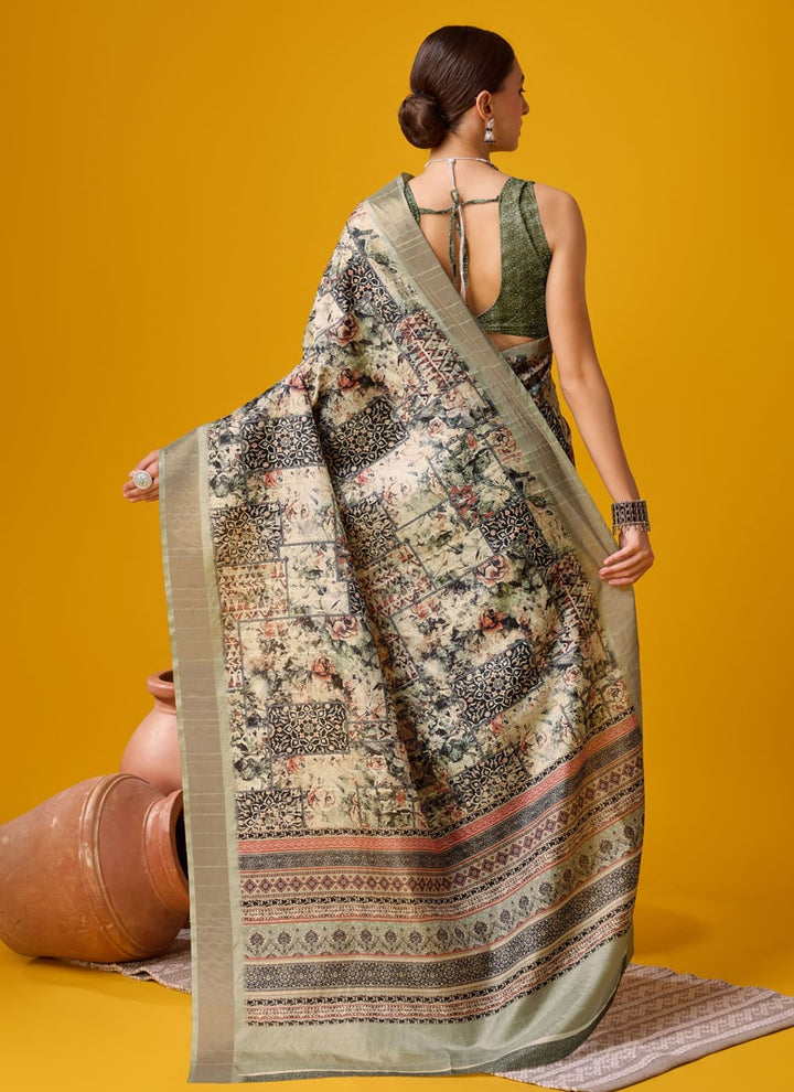 lassya Fashion Grey-Olive Festive Wear Cotton Digital Saree