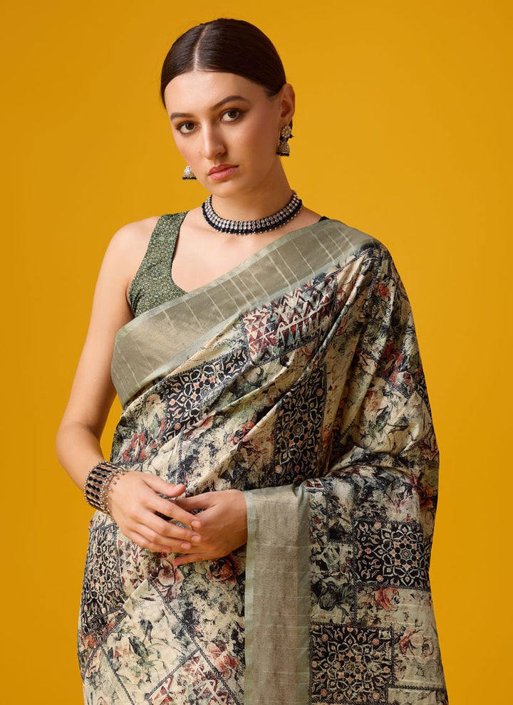 lassya Fashion Grey-Olive Festive Wear Cotton Digital Saree