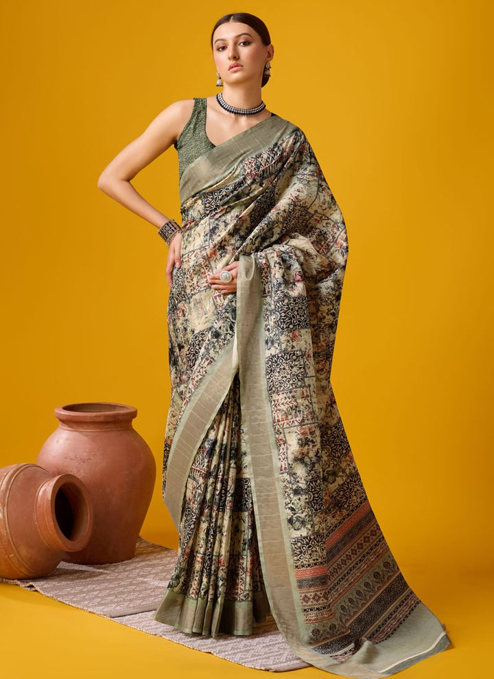 lassya Fashion Grey-Olive Festive Wear Cotton Digital Saree