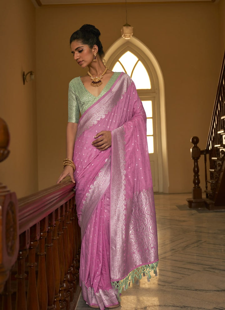 Lassya Fashion Pink Lavender Wedding Wear Saree with Nylon Crape Fabric