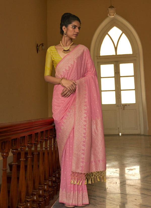 Lassya Fashion Rose Pink Wedding Wear Saree with Nylon Crape Fabric