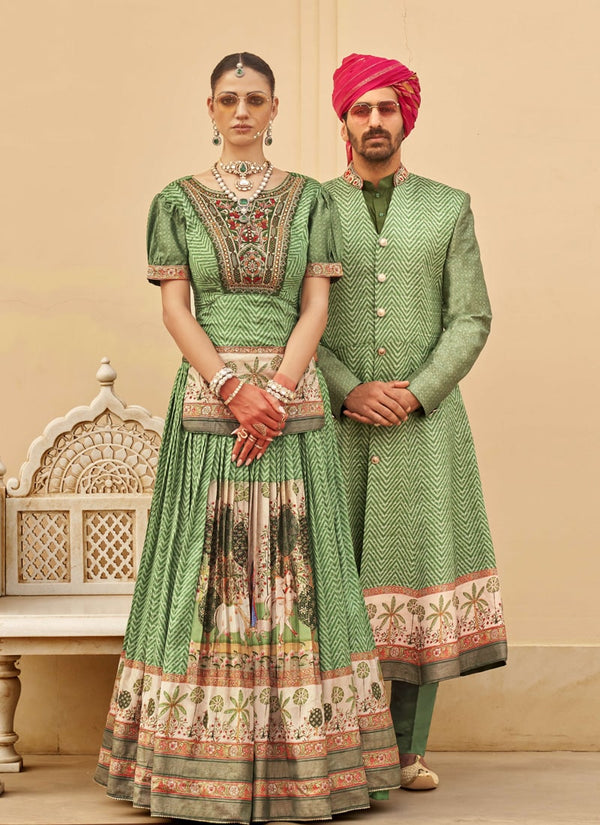 Lassya Fashion Olive Green Couple Wedding Gown and Sherwani Set