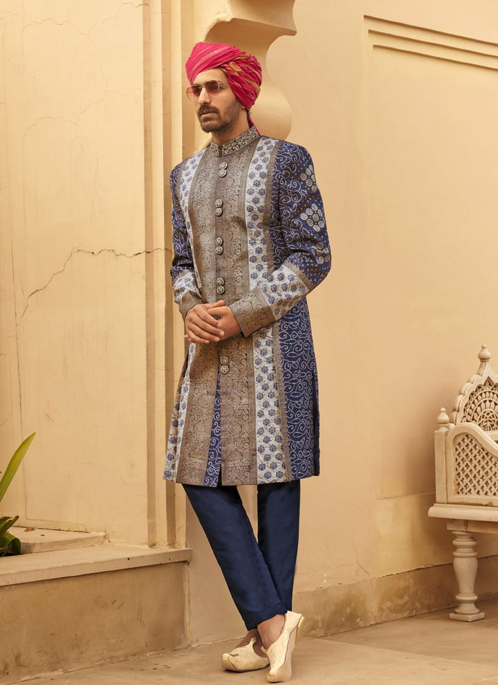 Lassya Fashion Midnight Blue Couple Wedding Lehenga and Sherwani Set