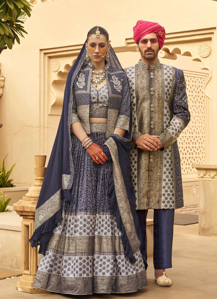 Lassya Fashion Midnight Blue Couple Wedding Lehenga and Sherwani Set