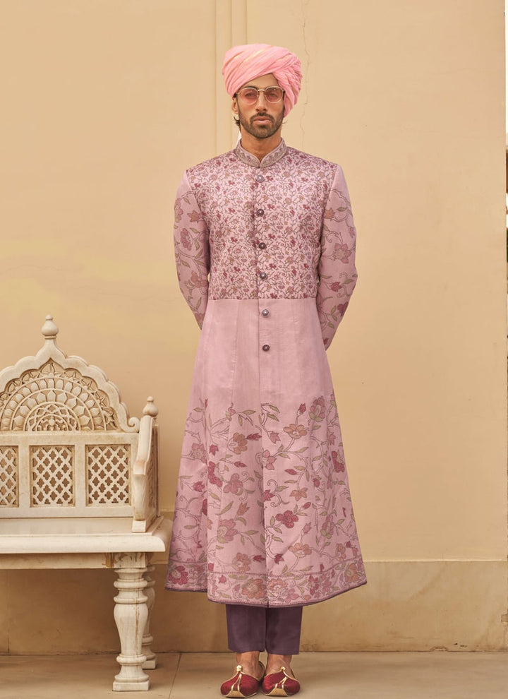 Lassya Fashion Mauve Pink Couple Wedding Lehenga and Sherwani Set