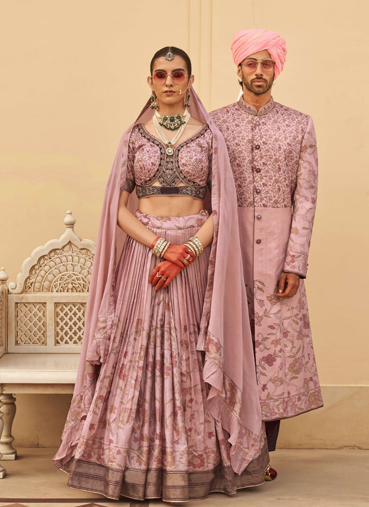 Lassya Fashion Mauve Pink Couple Wedding Lehenga and Sherwani Set