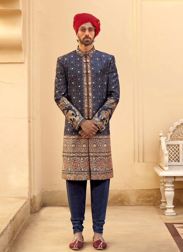 Lassya Fashion Navy Blue Couple Wedding Lehenga and Sherwani Set