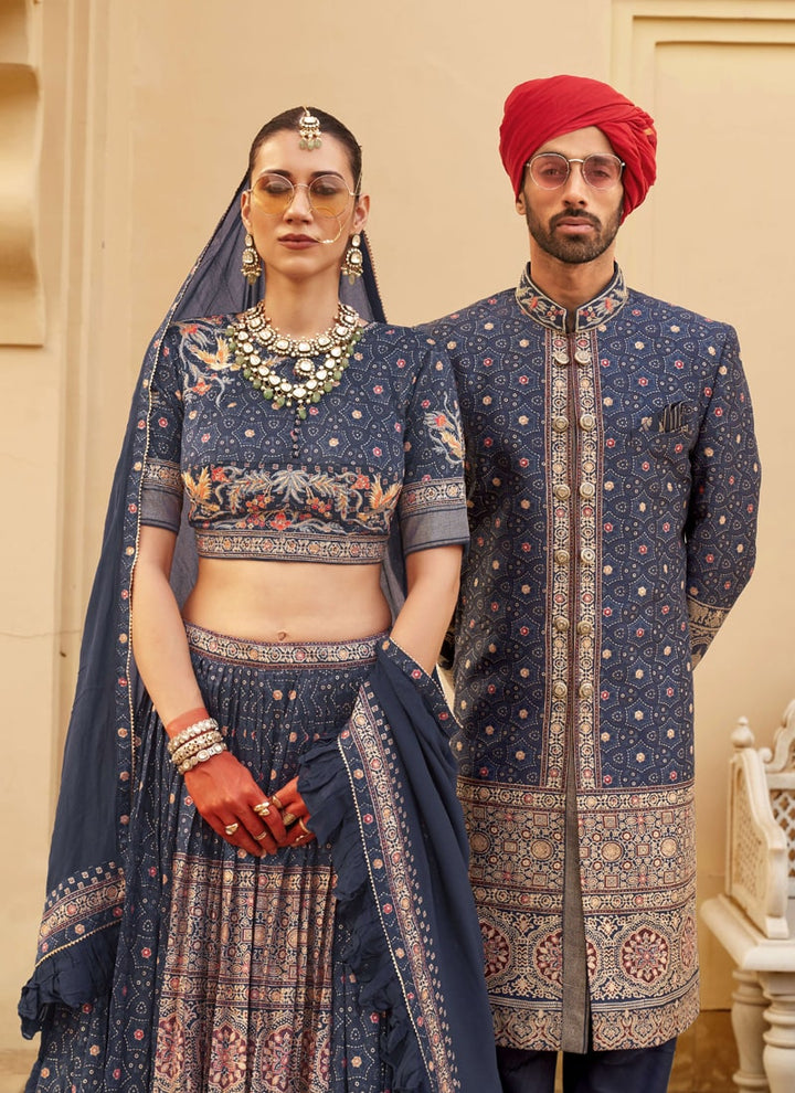 Lassya Fashion Navy Blue Couple Wedding Lehenga and Sherwani Set