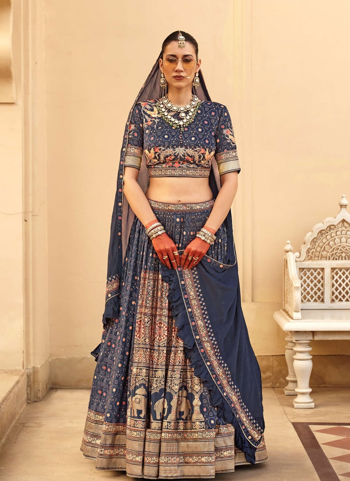 Lassya Fashion Navy Blue Couple Wedding Lehenga and Sherwani Set