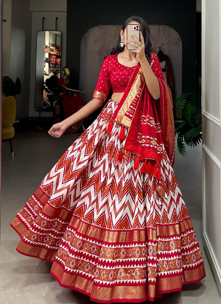 lassya Fashion Red Designer Tussar Silk Lehenga with Foil Print