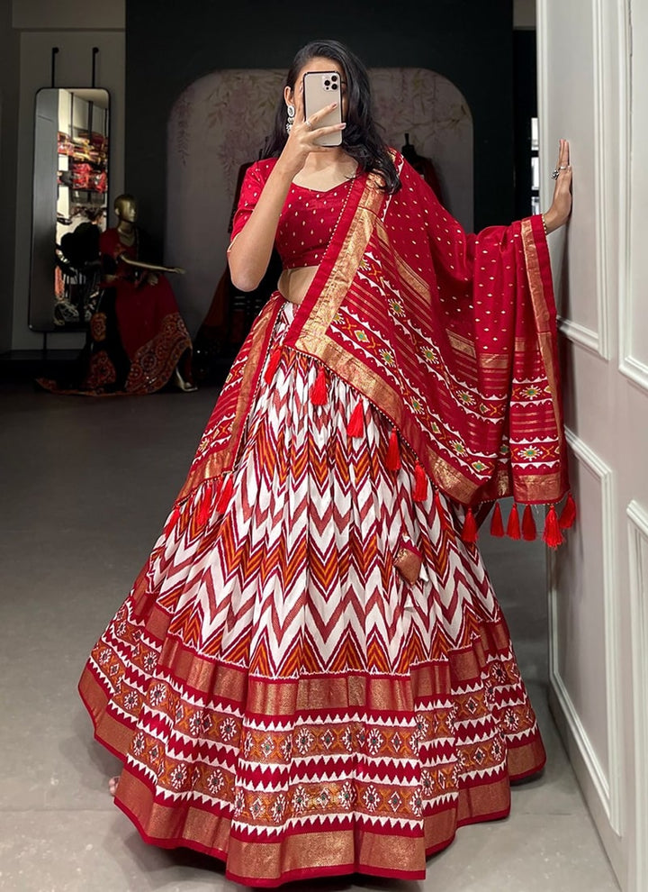 lassya Fashion Red Designer Tussar Silk Lehenga with Foil Print