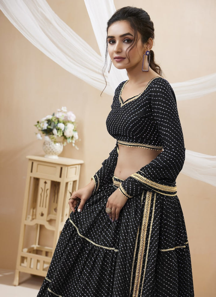 lassya Fashion Black Engagement Lehenga with Georgette Leheriya Print