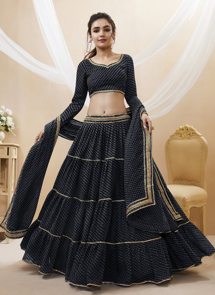 lassya Fashion Black Engagement Lehenga with Georgette Leheriya Print