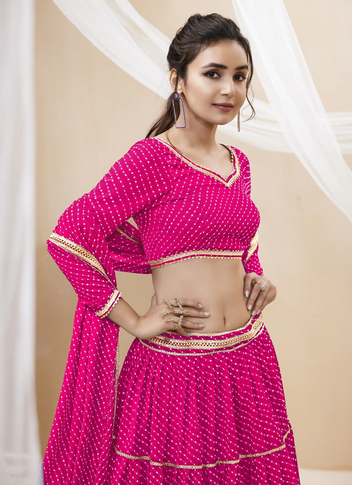 lassya Fashion Pink Engagement Lehenga with Georgette Leheriya Print