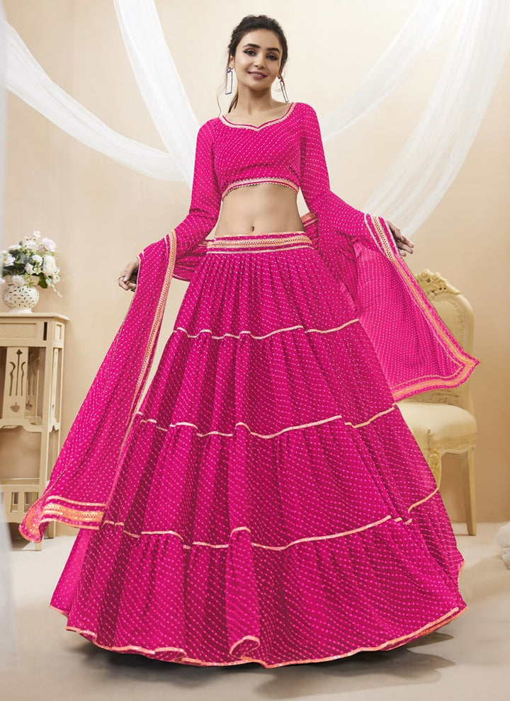 lassya Fashion Pink Engagement Lehenga with Georgette Leheriya Print