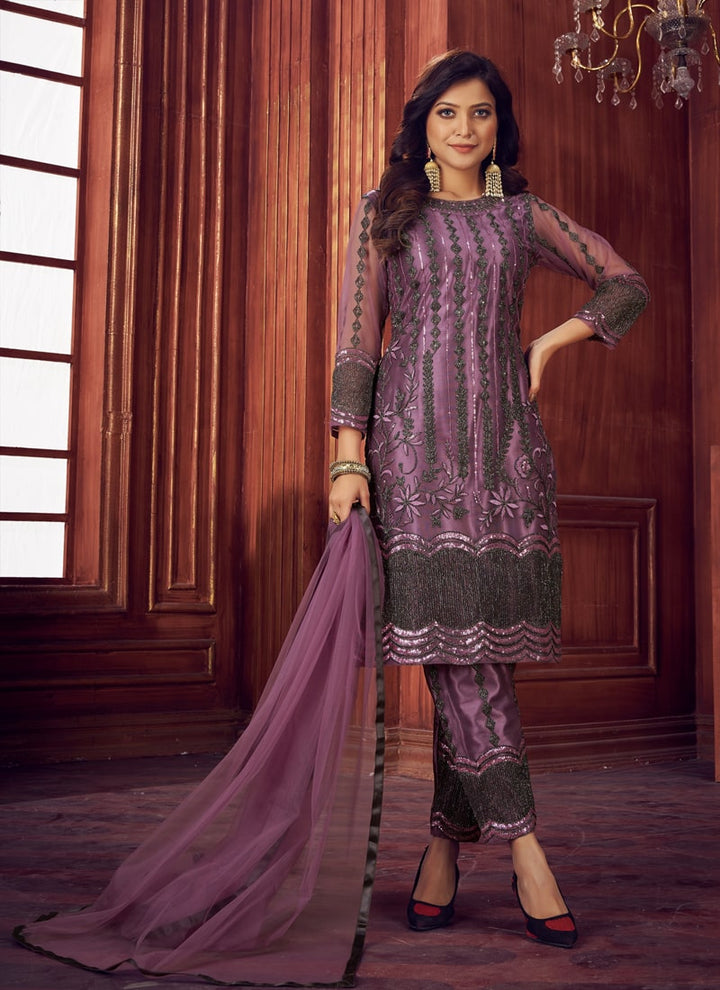 lassya Fashion Light Purple Straight Salwar Suit with Heavy Net and Sequin