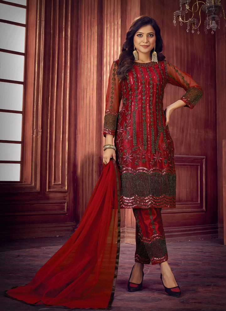 lassya Fashion Red Straight Salwar Suit with Heavy Net and Sequin