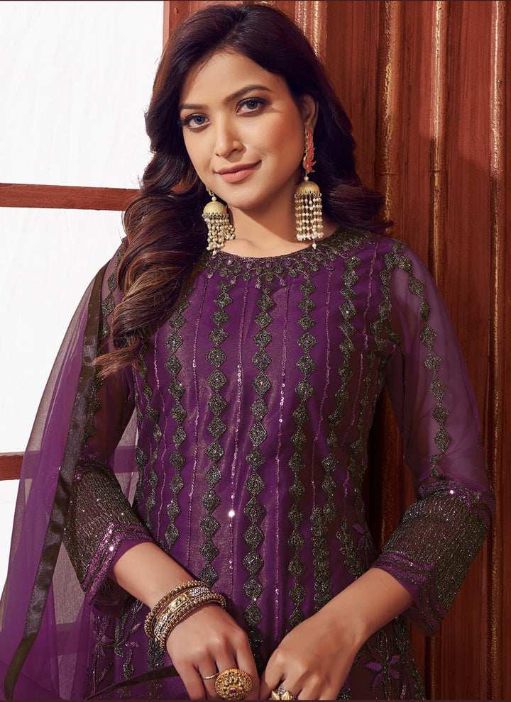 lassya Fashion Dark Purple Straight Salwar Suit with Heavy Net and Sequin