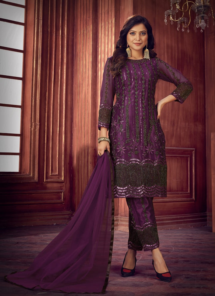 lassya Fashion Dark Purple Straight Salwar Suit with Heavy Net and Sequin