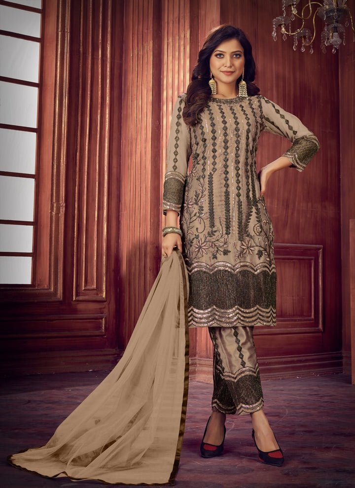 lassya Fashion Beige Straight Salwar Suit with Heavy Net and Sequin