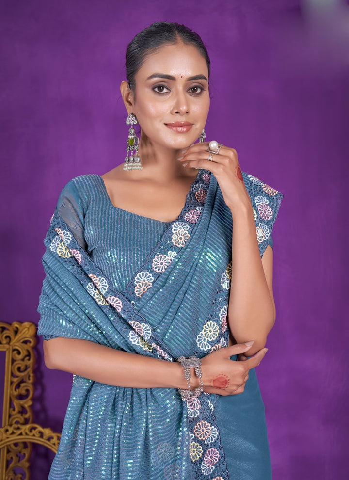 lassya Fashion Teal Blue Party Wear Saree in Simar Silk