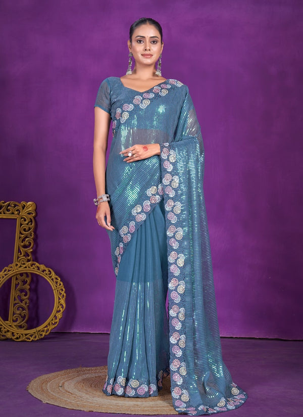 lassya Fashion Teal Blue Party Wear Saree in Simar Silk