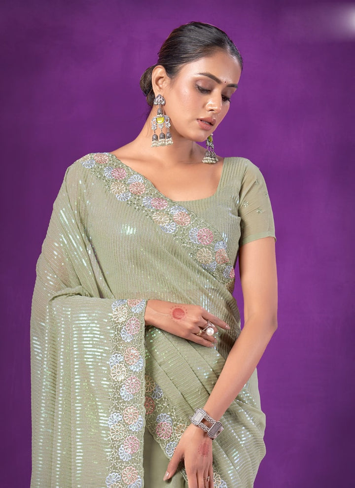 lassya Fashion Pista Green Party Wear Saree in Simar Silk