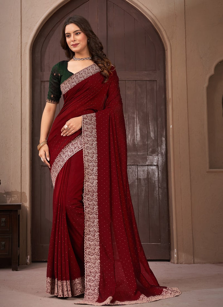 lassya Fashion Cherry Red Festive Wear Saree in Vichitra Blooming Fabric