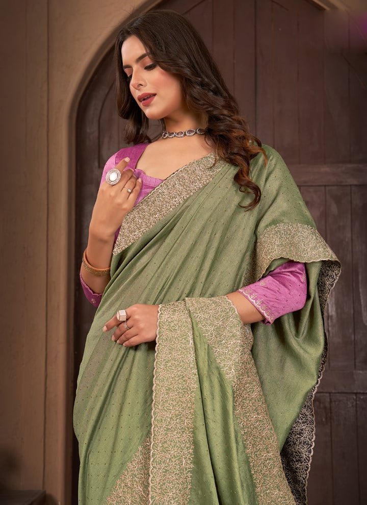 lassya Fashion Sage Green Festive Wear Saree in Vichitra Blooming Fabric