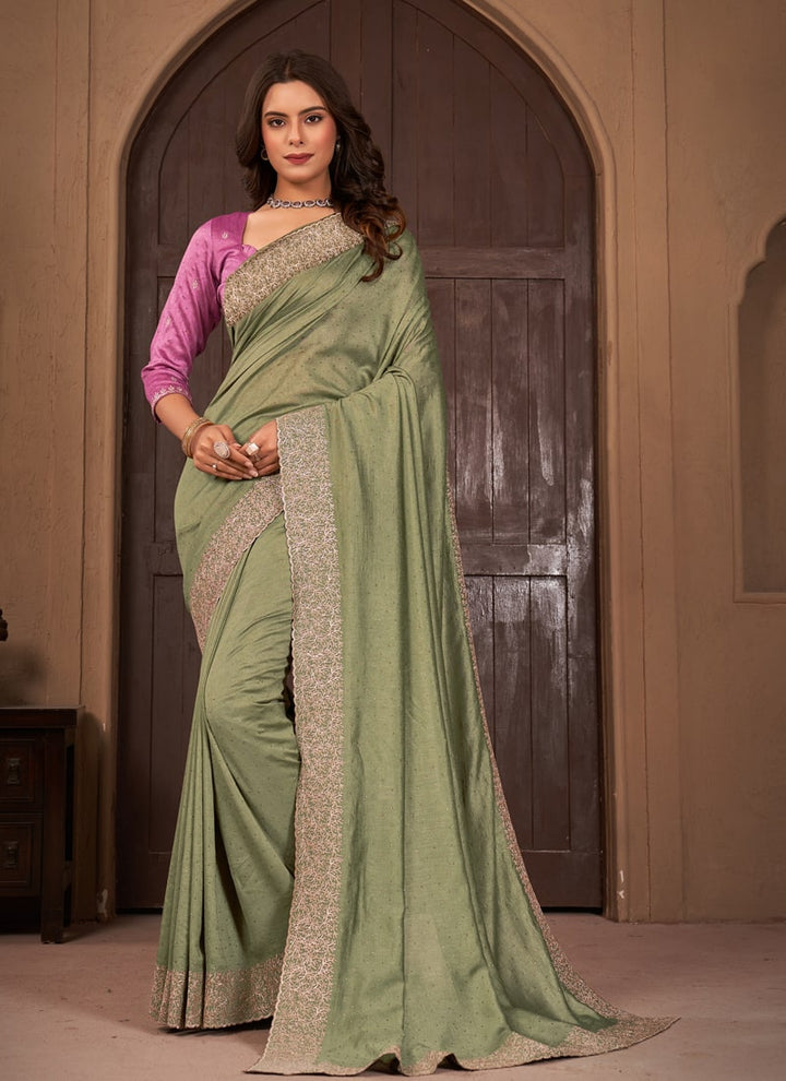 lassya Fashion Sage Green Festive Wear Saree in Vichitra Blooming Fabric