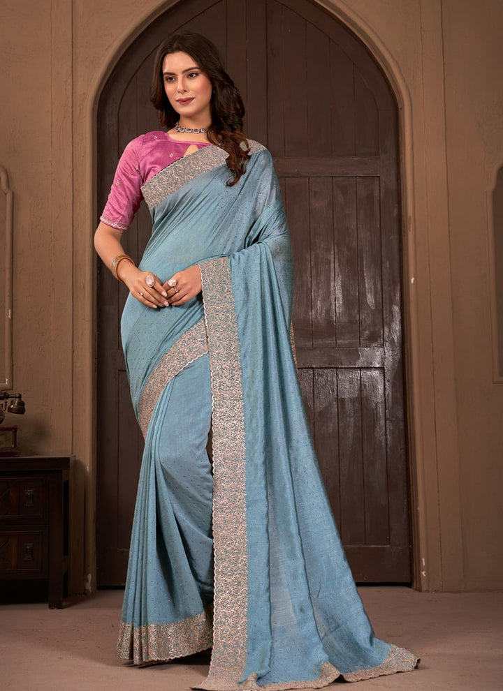 lassya Fashion Sea Blue Festive Wear Saree in Vichitra Blooming Fabric