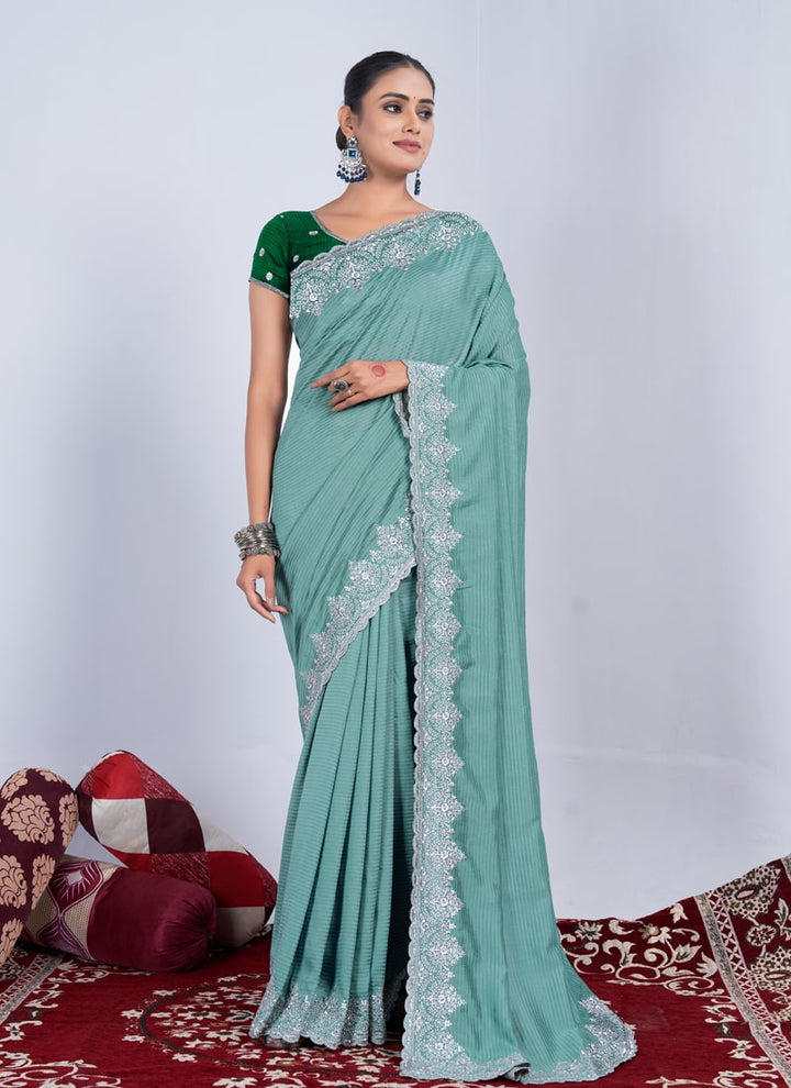 lassya Fashion Sea Green Wedding Wear Saree in Black Rangoli Weaving Pattern