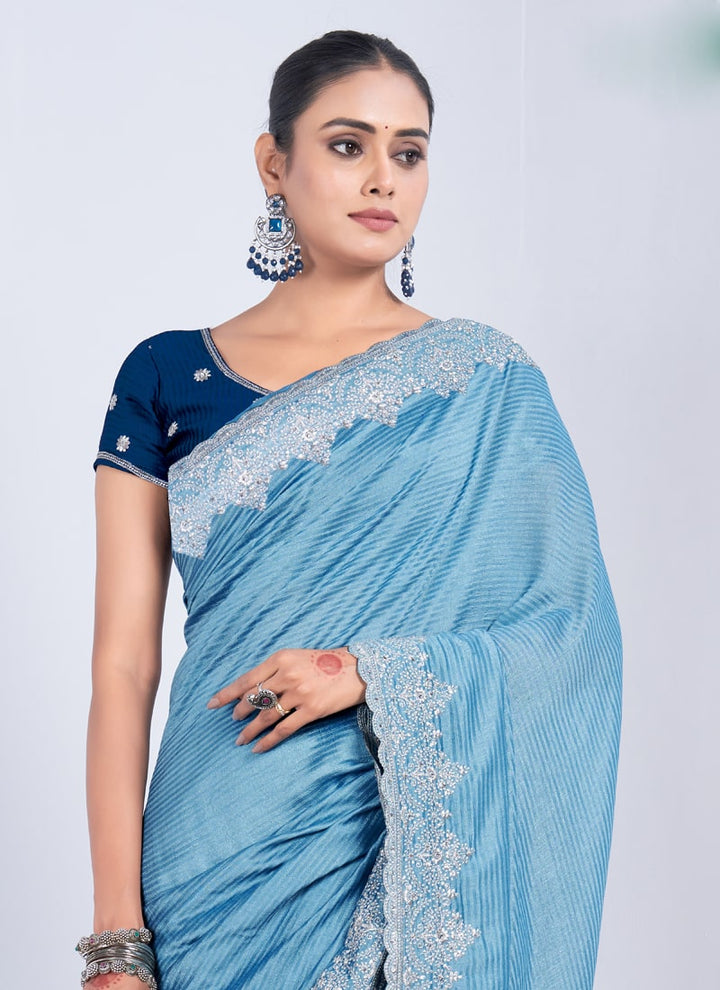 lassya Fashion Sky Blue Wedding Wear Saree in Black Rangoli Weaving Pattern