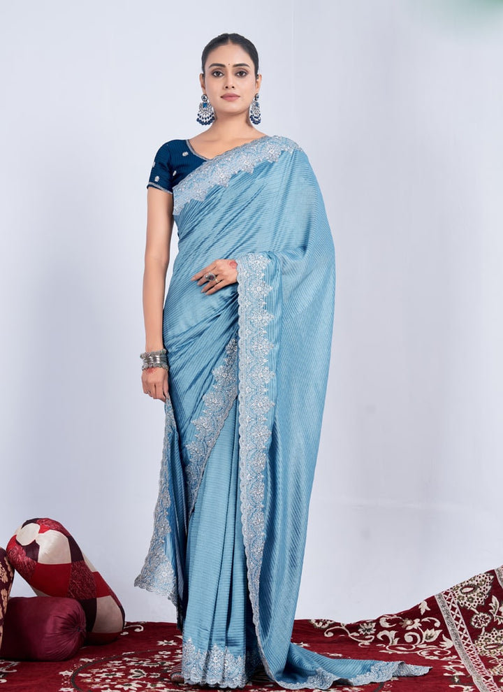 lassya Fashion Sky Blue Wedding Wear Saree in Black Rangoli Weaving Pattern