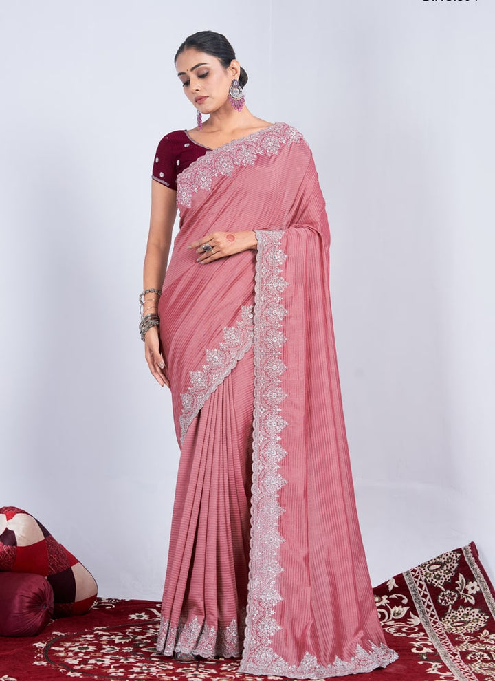 lassya Fashion Salmon Red Wedding Wear Saree in Black Rangoli Weaving Pattern