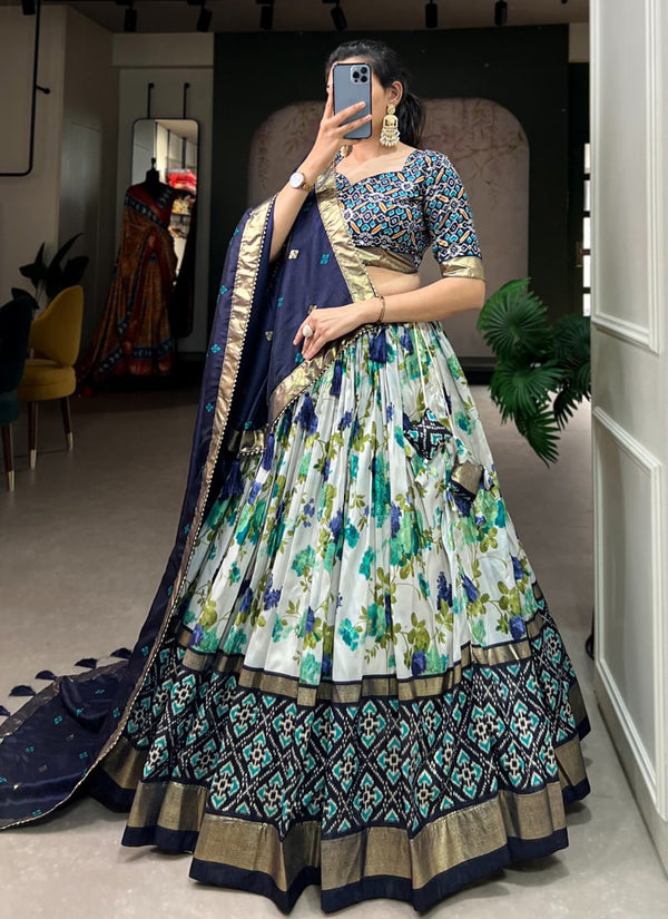 lassya Fashion Navy Blue Designer Tussar Silk Lehenga Set with Floral and Patola Print