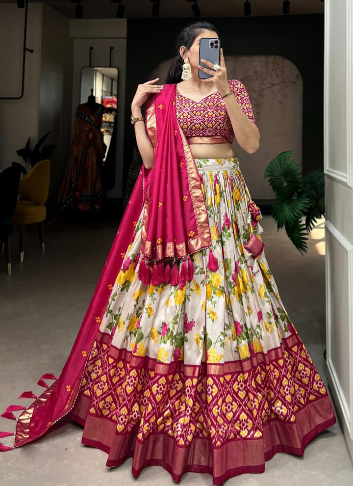 lassya Fashion Rani Pink Designer Tussar Silk Lehenga Set with Floral and Patola Print