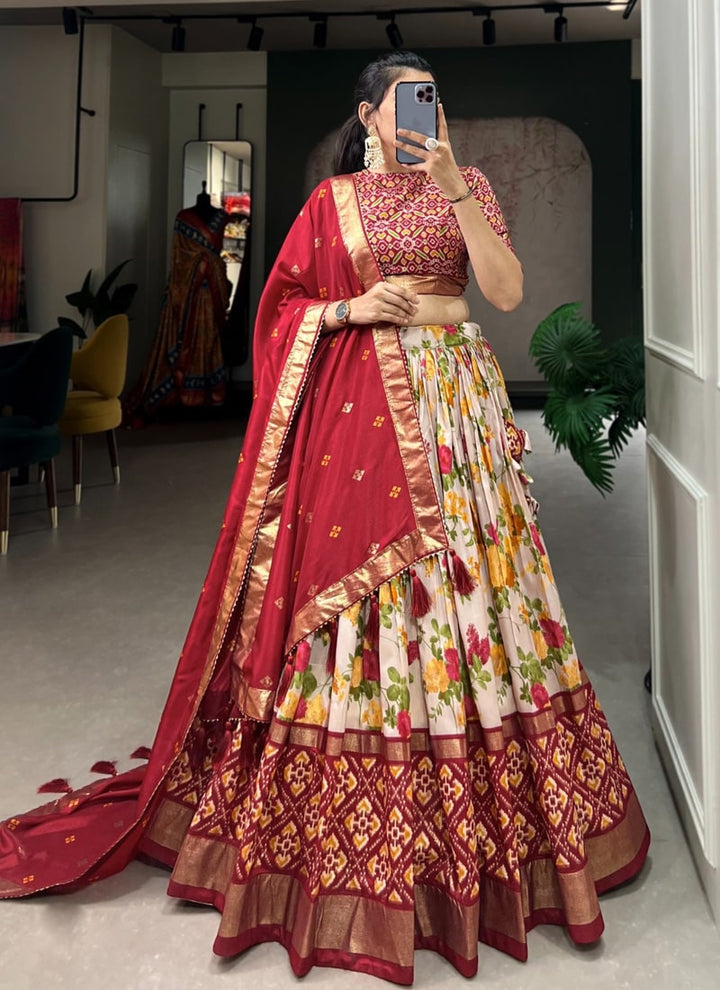 lassya Fashion Red Designer Tussar Silk Lehenga Set with Floral and Patola Print