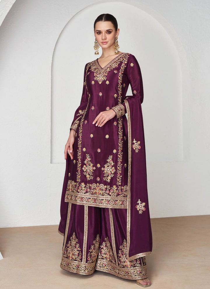 lassya Fashion Purple Premium Chinon Silk Palazzo Suit