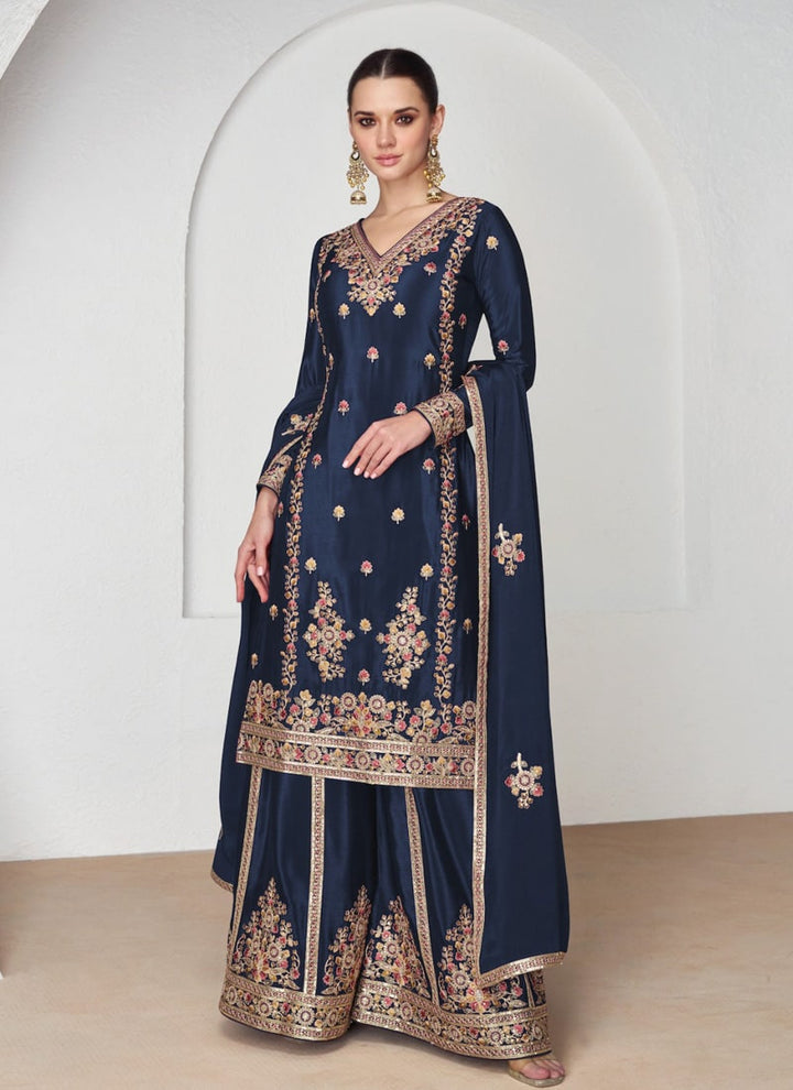 lassya Fashion Navy Blue Premium Chinon Silk Palazzo Suit