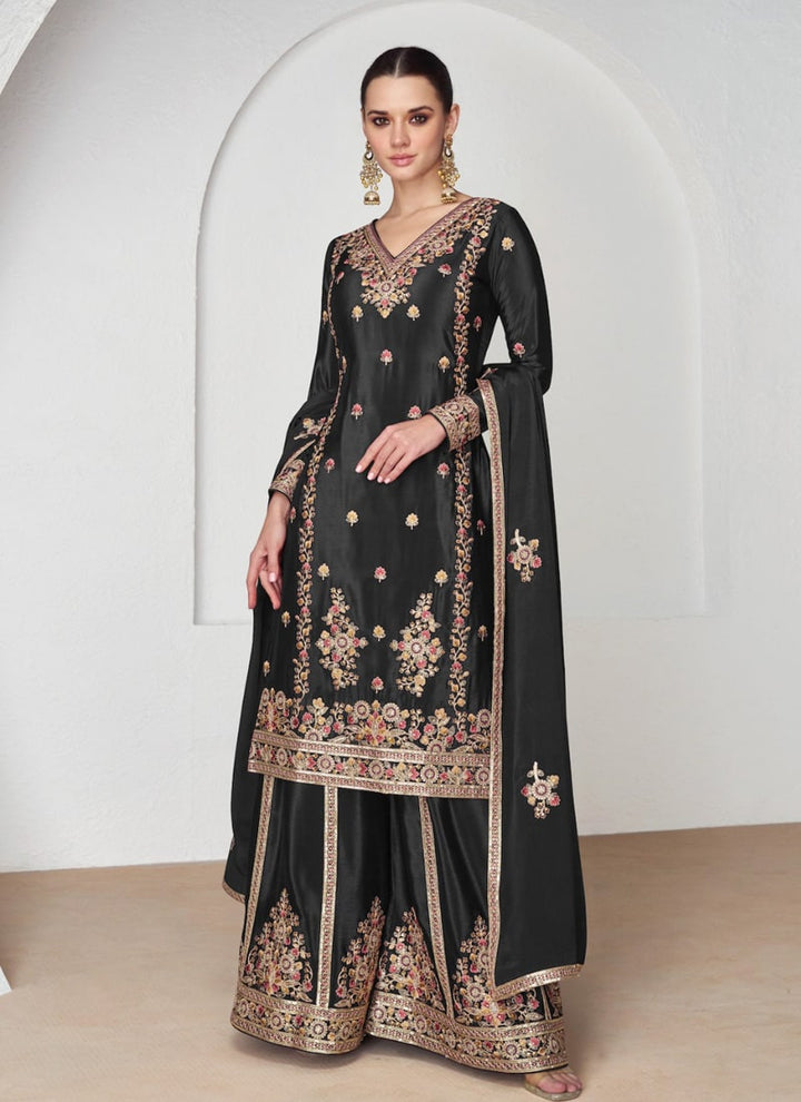 lassya Fashion Black Premium Chinon Silk Palazzo Suit