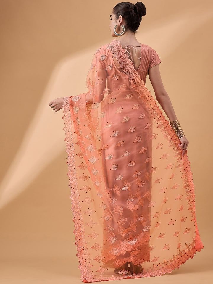 lassya Fashion Orange Party Wear Net Saree with Floral Embroidery