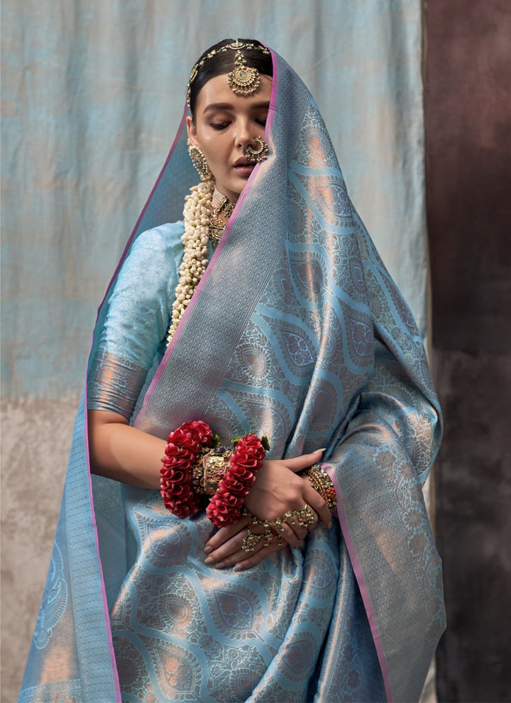 Lassya Fashion Sky Blue Two Tone Handloom Weaving Silk Saree