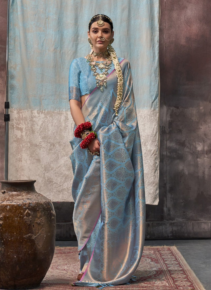 Lassya Fashion Sky Blue Two Tone Handloom Weaving Silk Saree