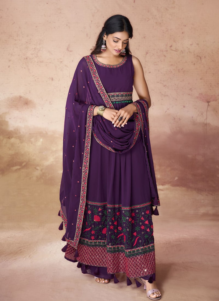 Lassya Fashion Wine Embroidered Anarkali Dress