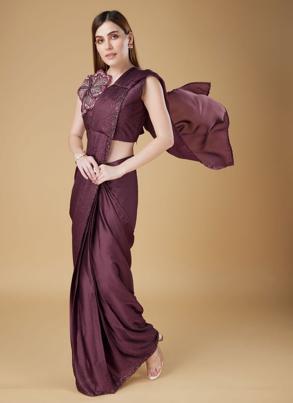 Lassya Fashion Maroon Party Wear Satin Silk Saree with Swarovski Stone Work Blouse