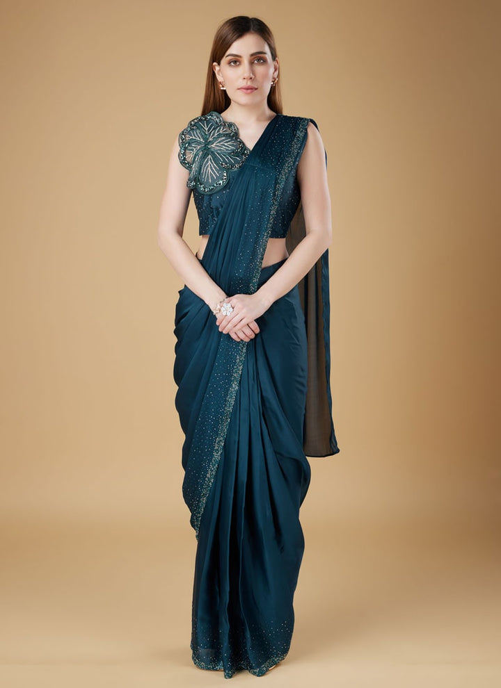 Lassya Fashion Pine Green Party Wear Satin Silk Saree with Swarovski Stone Work Blouse